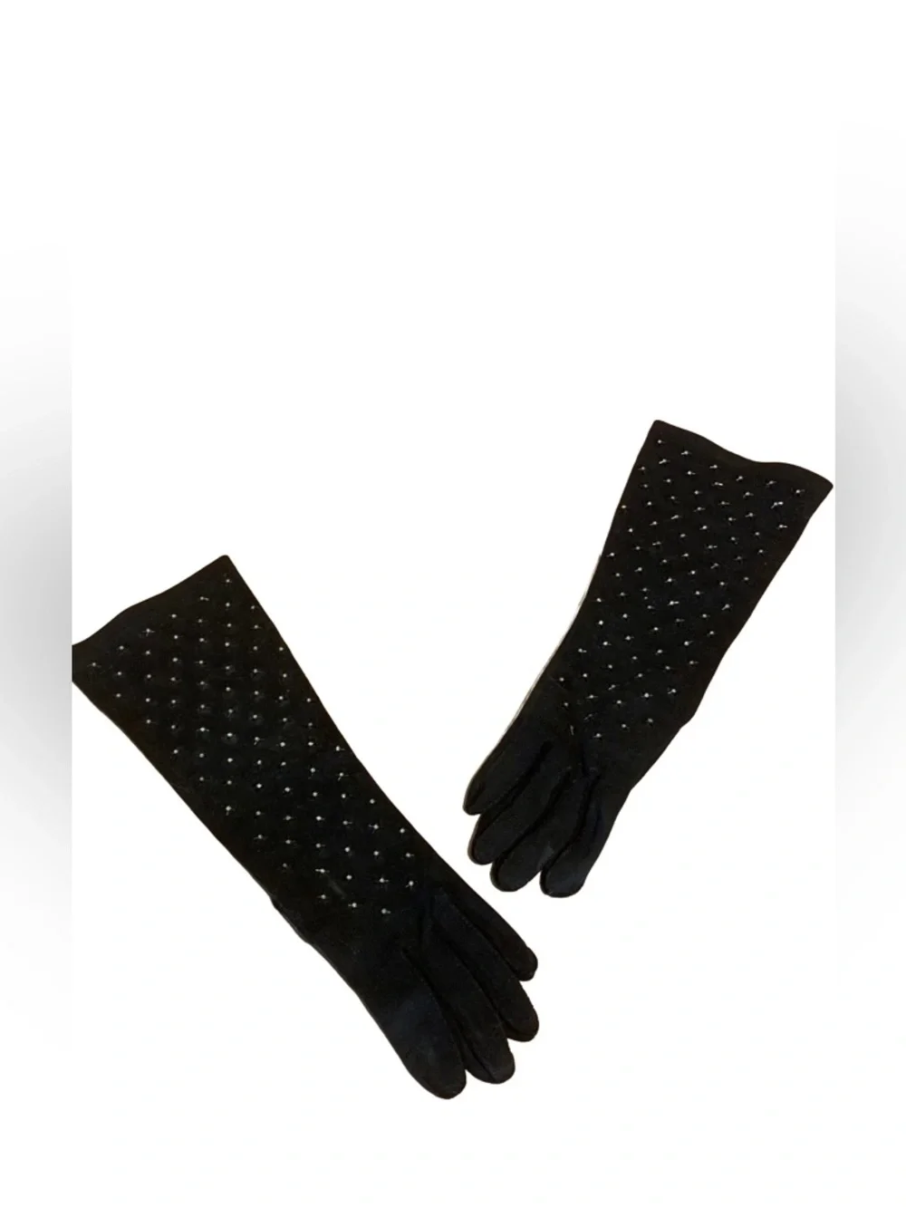 VINTAGE 1980'S CRESCENDOE BLACK SUEDE W/STRETCH RHINESTONE LONG EVENING GLOVES